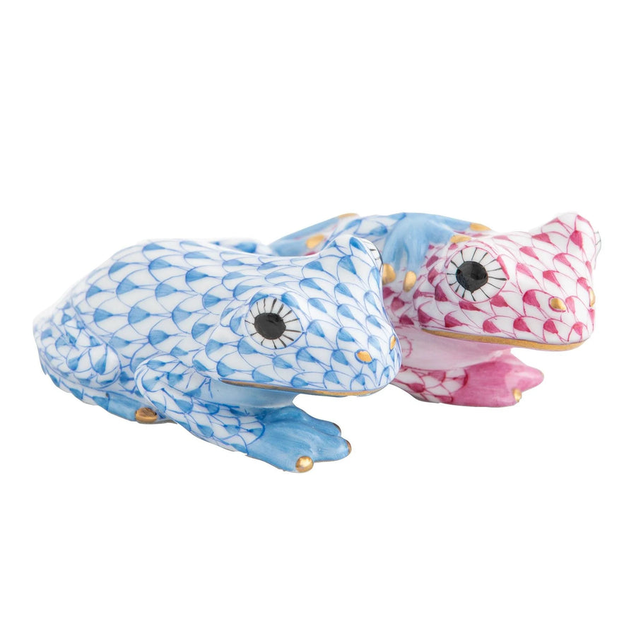 Herend Pair of Frogs Figurine - Blue and Raspberry (Pink)