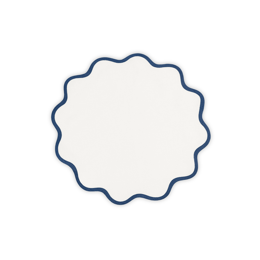 Matouk Scalloped Round Placemat with Navy Border